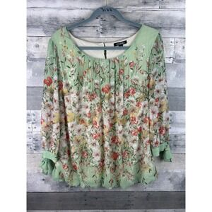 Roz & Ali Women's 1X Green Floral Long Sleeve Blouse Elastic Hem